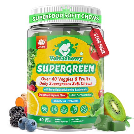 Greens Gummies for Picky Teens & Adults - Greens Superfood Multivitamin Gummies w/ 40+ Fruits & Veggies, Lutein, Enzymes & Fiber, Supergreen Chews for Immunity, Energy, Digestion, Gut & Vision, 1 Pack