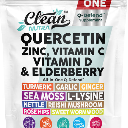 Q Defend Quercetin Supplement with Zinc Vitamin C Vitamin D Elderberry Turmeric Black Pepper Garlic Ginger Sea Moss Lysine Stinging Nettle Reishi Mushroom Immune Support 120 Capsules by Clean Nutra