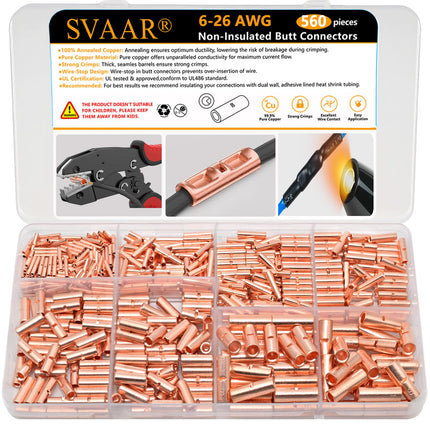 SVAAR 560 PCS 26-6 AWG Non-Insulated Butt Connectors Crimp Repair Butt Splices Kit, Uninsulated Butt Splice Connectors for 26 to 6 Gauge Wire, Heavy Duty Pure Copper Seamless Barrel Butt Terminals