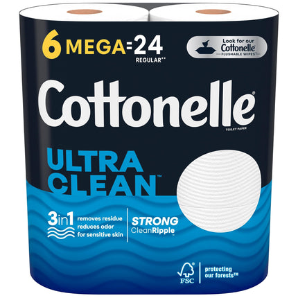 Cottonelle Ultra Clean Toilet Paper, 1-Ply, Strong Tissue, 36 Mega Rolls (312 Sheets per Roll), Packaging May Vary