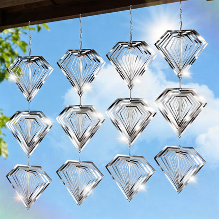 Superlong Bird Deterrents for Outside, 12 Discs Stainless Steel 3D Wind Spinners Garden Decor, 4 Sets Reflective Bird Scare Devices to Keep Woodpeckers, Pigeons Away from Patio, Balcony, Porch, Deck