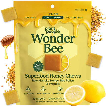 Plant People WonderBee Superfood Manuka Honey Chews – Daily Wellness & Energy Support – Bee Pollen & Propolis – Gluten-Free Supplement - Lemon (30 Count)