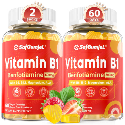Safgumjel Vitamin B1(Benfotiamine) Gummies 500mg – B1 B6 B12 Vitamins with Magnesium for Energy Metabolism, Healthy Nervous System – Chewable B Complex for Adults & Kids - Vegan, Sugar Free, 120 Ct