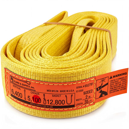 DD Sling 2 Inch x 35 Foot Nylon Lifting Sling – USA Made, 6,400 lb Vertical, 5,100 lb Choker, 12,800 lb Basket – 2-Ply Heavy Duty 900 Webbing, Type 4 Twisted Eye & Eye Rigging Sling