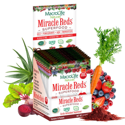 MacroLife Naturals Miracle Reds Superfood Powder 19 Blended Fruit & Berry Polyphenols Enzymes Probiotics & Antioxidants Supplement - Raw Non-GMO & Vegan Whole Food Vitamins - 12 Packet Servings