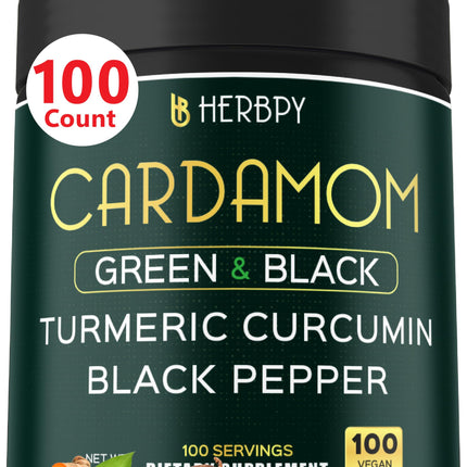 Herbpy 4in1 Cardamom Supplement - Green & Black Cardamom Seeds with Turmeric & Black Pepper – Digestive Health & Natural Wellness - 100 Vegan Capsules