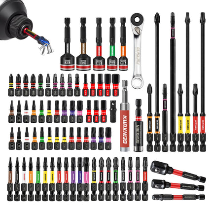 Geinxurn 82Pieces Impact Screwdriver Bits Set, Magnetic S2 Steel Phillips/Square/Torx/Hex Insert Power Bits Tips with Impact Bit Holder and Impact Nut Driver and Mini Wrench