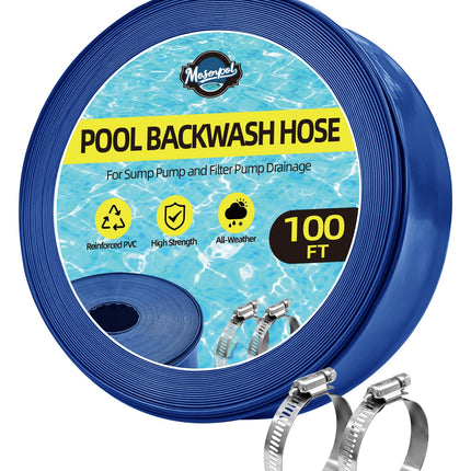 Mosenpol Pool Backwash Hose 1-1/2" x 100 FT - Heavy Duty Layflat Sump Pump Hose, Weather and Burst Resistant PVC Discharge Hose with 2 Clamps for Water Transfer, Pool Drainage, Pool Drain