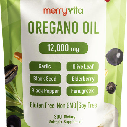 MERRY VITA Oil of Oregano with Black Seed Oil– Oregano Oil Capsules Organic, High Carvacrol – Aceite de Orégano Cápsulas, Immune Support Supplement – Non-GMO - 300 Softgels