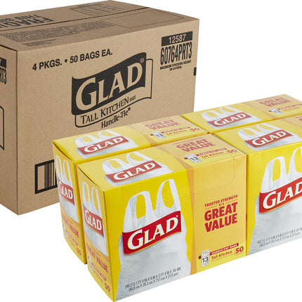 Glad Tall Handle-Tie Kitchen Trash Bags - 13 Gallon - 50 Count - 4 Pack (Packaging May Vary)