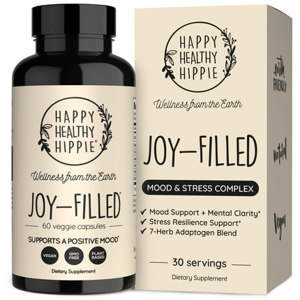 Joy-Filled Mood Support Supplement - 7 Herb Complex + St. Johns Wort | Stress Relief – Helps Calm The Mind & Body | 100% Plant-Based Happy Pills, Ashwagandha, Rhodiola Rosea | Adaptogens, 60 Ct