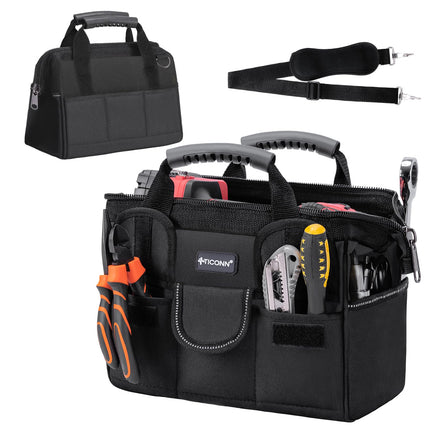 TICONN Heavy Duty Tool Bag with Multi-Pockets, Portable Tool Box Organizer Storage Bag, with Adjustable Shoulder Strap and Ergonomic Handle (Black, 12" Standard Base)