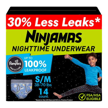 Ninjamas Boys Bedwetting Nighttime Underwear Boys - Size S/M (38-70 lbs), 14 Count, Overnight Protection, Ultra Absorbent, Hypoallergenic