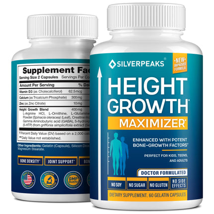 SILVERPEAKS Height Growth Maximizer - Natural Pills to Grow Taller Made in USA with Calcium for Bone Strength Get Supplement That Increases Free of Hormone, 60 Count (Pack of 1)