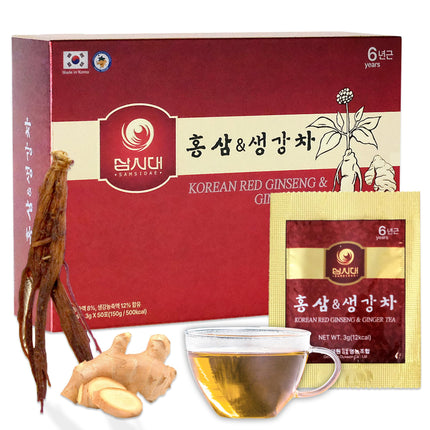 SAMSIDAE Korean Panax Red Ginseng with Ginger Tea, Box of 50 Bags, Supports Circulation, Energy, Immunity, and Digestion – Smooth Taste