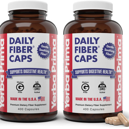 Yerba Prima Daily Fiber Caps Formula 400 Capsules (Pack of 2) - Both Soluble/Insoluble Fiber with Psyllium Seed Husks, Acacia Gum, Apple Fiber Supplement