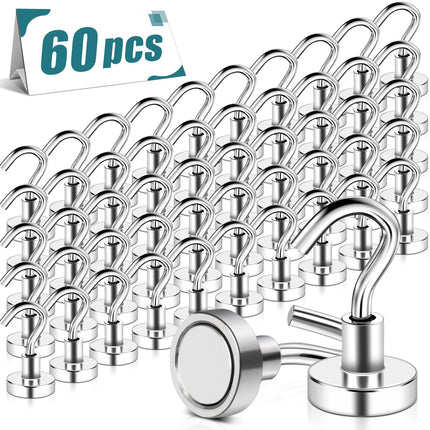 MAGXCENE 60 Pack Magnetic Hooks Heavy Duty, 25 lbs Strong Earth Magnet Hooks for Hanging, Cruise, Refrigerator, Extra Strong Neodymium Magnets with Hooks for Grill Kitchen Tool Storage