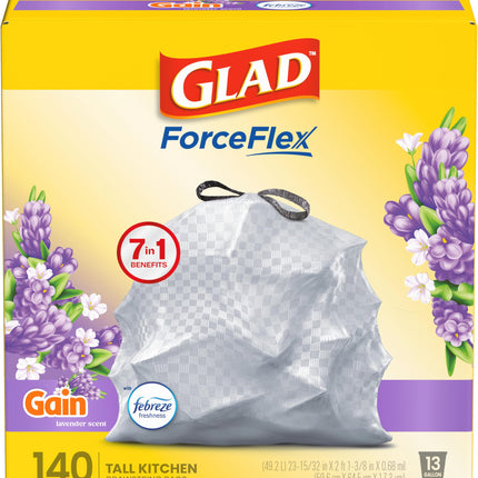 Glad ForceFlex Tall Kitchen Trash Bags, 13 Gallon, Gain Lavender, 140 Count (Package May Vary)