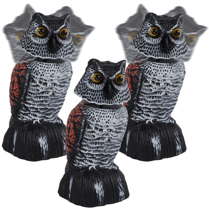 Hausse 3 Pack Bird Scarecrow Mini Fake Owl Decoy Sculpture, 8.26 inch Wagging Head Plastic Small Owl Bird Deterrents, Nature Enemy Horned Pest Repellent for Outdoor Garden Yard