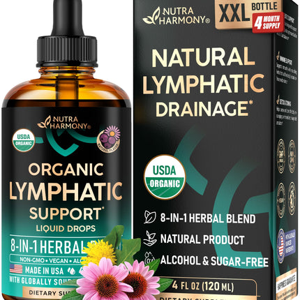 USDA Organic Lymphatic Drainage Supplement - Echinacea | Elderberry | Dandelion | Rosehip | Cleavers | Calendula | Burdock - Made in USA - Lymph System Drops - Immune Support, Cleanse & Detox, 4 fl oz