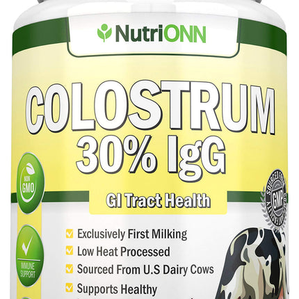 NutriONN Colostrum - 1000mg - 120 Capsules - 30% IgG - Non-GMO US Dairy - First Milking Bovine Colostrum - Low Heat Processed - Great for GI Tract Health - Immune Support - Bone and Muscle Health