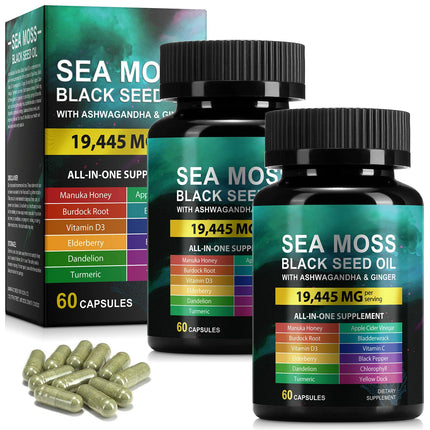 Sea Moss Black Seed Oil Ashwagandha Ginger, Sea Moss Capsule Supplement with Turmeric Bladderwrack Burdock & Vitamin C Vitamin D3, Enhanced Immunity & Energy, 120 Capsule