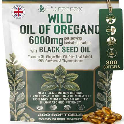PURETREX Wild Oil of Oregano 6000mg Black Seed Oil 300 Softgels, 95% Carvacrol & Thymoquinone, Turmeric, Ginger & Olive Leaf for Immune, Gut & Antioxidant Support, Vegan & Non-GMO