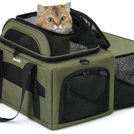 Pecute Top Side Expandable Pet Carrier Airline Approved Dog Cat Carrier, Breathable Soft-Sided with Locking Zippers, Pet Travel Bag for Small Dog Cat Leakproof Pee Pad (Olive Green)