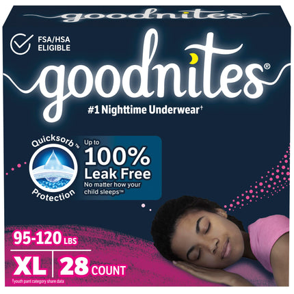 Goodnites Girls' Nighttime Bedwetting Underwear, Size Extra Large (95-120 lbs), 28 Ct (2 Packs of 14), Packaging May Vary
