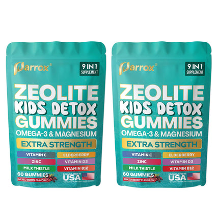 Parrox Zeolite Kids Detox Gummies, 9-in-1 Extra Strength with Zeolite, Omega-3, Magnesium, Elderberry, Vitamin C, Milk Thistle, Vitamin D3, Zinc, B12 – Sugar-Free (Mixed Berry Flavor - 2 Pack)