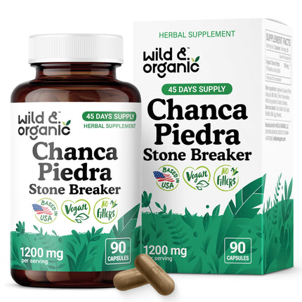 Wild & Organic Chanca Piedra Stone Breaker Capsules 1200 mg - Natural Kidney & Gallbladder Support - Chanca Piedra Extract Supplement - Vegan, No Fillers, Non-GMO - 90 Count