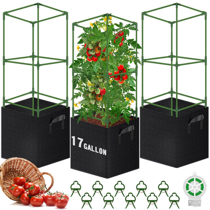 WLLEYAY 3 Pack 46'' Square Tomato Cages with 17 Gallon Grow Bags