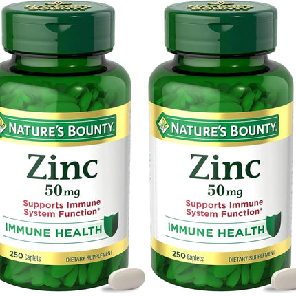 Nature’s Bounty Zinc 50mg,Immune Support & Antioxidant Supplement,Promotes Skin Health,1 Caplet Per Day,Gluten Free,250 Vegetarian Caplets,(Pack of 2)