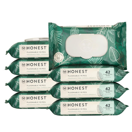 The Honest Company Flushable Wipes for Sensitive Skin, Hypoallergenic, Fragrance-Free, Tropical Leaves Design, 336 Count (8 Packs of 42)