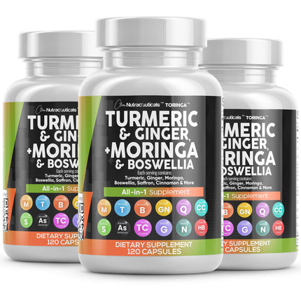 Turmeric Moringa Supplement | Ginger Boswellia Saffron - Supplement for Women and Men with Ceylon Cinnamon, Tart Cherry, Quercetin Garlic Nettle Holy Basil - 3Pack