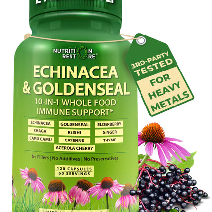 Echinacea Goldenseal Capsules - 10 in 1 Immune Support Supplement - 1455mg - Vegan Echinacea Capsules Supplement Made With Organic Whole Foods - Herbal Immune System Support - 2 Month Supply