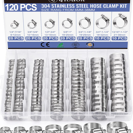 Hose Clamp- Qibaok 120 PCS Stainless Steel Hose Clamps Assortment Kit