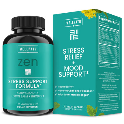 WellPath Zen Stress Relief Supplement + Mood Support | Calm, Stress & Energy Support | Ashwagandha Root, Rhodiola Rosea, L-Theanine, Lemon Balm | Herbal Capsules, 60 Ct