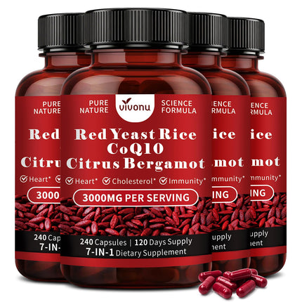 VivoNu Red Yeast* Rice with CoQ10*, Citrus Bergamot Supplements* (4 Bottle | 960Capsules)