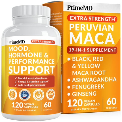 19-in-1 Extra Strength Peruvian Maca Root Capsules - 9125 mg Ashwagandha Supplements with Fenugreek and Ginseng for Mood, Hormone and Performance Support (120 ct)