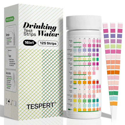 TESPERT Drinking Water Test Strips 125ct 16 in 1 – 30s Quick Screening for Hardness, pH, Iron, Nitrite, Copper, Chlorine, Nitrite, Carbonate,Lead, Alkalinity...Well, Tap, Home, City Water Testing