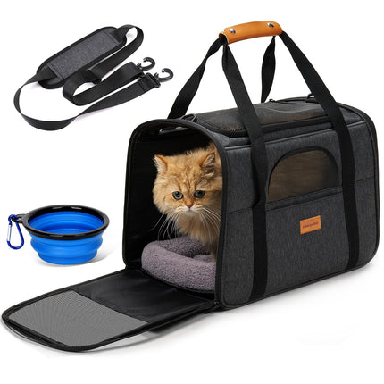 Morpilot Pet Carrier for Large Cats, Small Dogs & Puppies Up to 25lbs, Escape-Proof with Locking Zippers, Dual-Sided Cushion, Safety Buckle for Car & Vet Travel, Includes Foldable Bowl (Dark Gray)