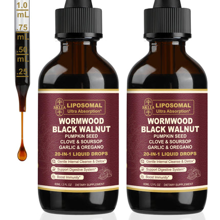 SKLIA 20-in-1 Liposomal Wormwood Black Walnut Cleanse for Humans Drops Liquid – Rapid Gut Cleanse & Digestive Support with Clove, Berberine, Garlic, Soursop, Slippery Elm, Oregano | Fast-Absorbing 2P