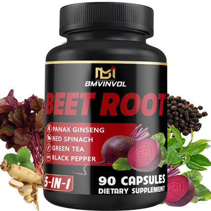 BMVINVOL Beet Root Capsules - Green Tea, Red Spinach, Ginseng, Black Pepper - 90 Count- 3 Month Supply