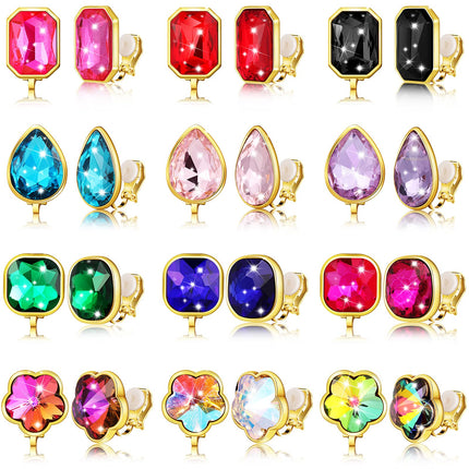 Hicarer 12 Pairs Clip on Earrings for Women Girls, Non-pierced Rhinestone Stud Earrings, Colorful Trendy Iridescent Fake Crystal Earring Clips Set for Birthday Party Wedding Daily Jewelry Gift