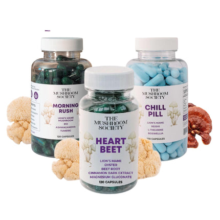 The Mushroom Society Have Heart – Morning Rush, Chill Pill & Heart Beet – Mushroom Supplements for Energy, Focus, Relaxation & Daily Wellness Support – 3-Pack Bundle – 120 Capsules Each