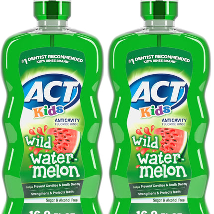 ACT Kids Anticavity Mouthwash, Wild Watermelon | Fluoride Rinse | Alcohol Free | 16.9 fl. oz. | Pack of 2