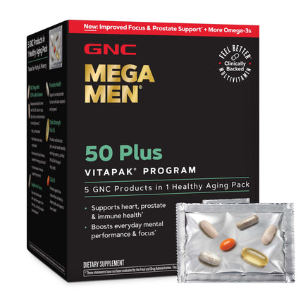 GNC Mega Men 50 Plus Vitapak Program for Men, Convenient Complete Nutrition, 5 Products in 1 Vitamin Pack, Multivitamin, Fish Oil, Mental Sharpness, Ginkgo, Prostate Health, 30 Packets, 30 Day Supply
