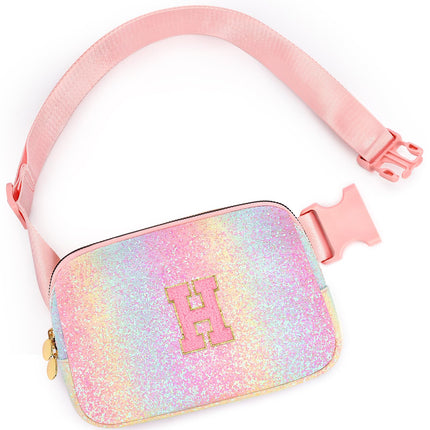 mibasies Initial Fanny Pack for Girls, Birthday Gifts for 4 5 6 7 8 9 10 11 12 13 Teen Girl - Cute Personalized Trend Stuff - Glitter H