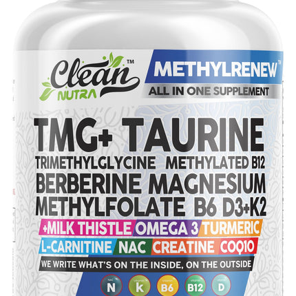 Clean Nutra TMG Supplements 1000mg | Methylated Multivitamin for Women Men | Taurine B6 Vitamins B12 D3 K2 Trimethylglycine Magnesium Methylfolate Milk Thistle NAC COQ10 B Supplement Complex Capsules